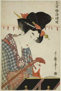 Turning a Shamisen (Shamisen no nejime), from the series "Chanting to Shamisen by Young Women of Today (Tosei musume joruri)" by Kitagawa Utamaro