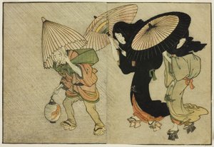 Fırtınaya Yakalanan İki Kadın ve Görevli, "Resimli Kitap: Dört Mevsim Çiçekleri (Ehon shiki no hana)" adlı resimli kitaptan, cilt. 2 by Kitagawa Utamaro
