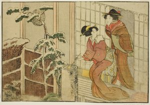 Karlı Bir Sabahta Verandada İki Kadın, resimli kitaptan "Resimli Kitap: Dört Mevsim Çiçekleri (Ehon shiki no hana)," cilt. 2 by Kitagawa Utamaro