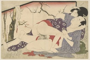 Katlanır ekranın yanında sevişen çift Negai no itoguchi (dizi başlığı) by Kitagawa Utamaro