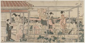 Balkonda Kurutmak İçin Çamaşır Asan Kadınlar by Kitagawa Utamaro