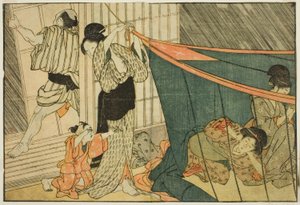 Fırtına Sırasında Cibinlik İçinde Kadınlar, resimli kitaptan "Resimli Kitap: Dört Mevsim Çiçekleri (Ehon shiki no hana)," cilt. 1 by Kitagawa Utamaro