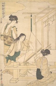 İpek Kumaş Dokuyan Kadınlar, yak. 1800. by Kitagawa Utamaro