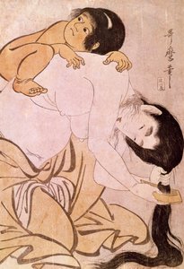 Yamauba ve Kintoki Anne, çocuğunu sırtında taşırken saçlarını tarar. Utamaro Kitagawa (1753-1806) tarafından Japon baskısı. 18. yüzyıl. Paris, Guimet Müzesi, Asya Sanatları Müzesi