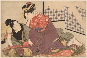 Bir fahişeyle sigara içen genç adam Jonge adam sarayla tanıştı Negai no itoguchi (dizi adı) by Kitagawa Utamaro