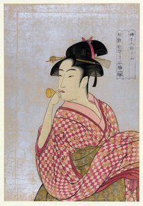Cam Boru Üfleyen Genç Kadın (poppin), Utamaro, Kitagawa (1753-1806), yaklaşık 1792 - Renkli gravür, 38,9x27,5 - Özel Koleksiyon by Kitagawa Utamaro
