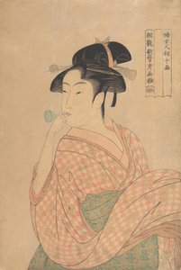 Popen cam ses yapıcı Üfleyen Genç Kadın..., yakl. 1792-93. by Kitagawa Utamaro