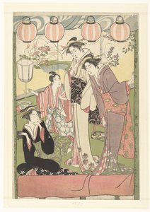 Fenerlerin altında üç kadın ve bir çocuk by Kitao Masanobu (attributed to)