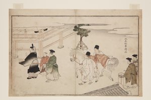 Beyaz Atın Yeni Yıl Sunumu (renkli tahta baskı) by Kitao Shigemasa