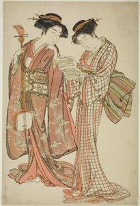 Shamisen ve Şarkı Kitabı Tutan İki Geyşa by Kitao Shigemasa