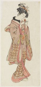 Yer Kirazını İnceleyen Genç Kadın, 18. yüzyıl sonu (renkli tahta baskı) by Kitao Shigemasa
