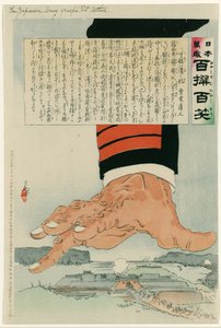 Rus-Japon Savaşı 1904-1905: Kocaman bir Japon eli Port Arthur'u (Lushun) eziyor 25 Temmuz 1904. Rusya nihayet 2 Ocak 1905'te Port Arthur'u teslim etti. Kobayashi Kiyochika (1847-1915) Japon sanatçı.