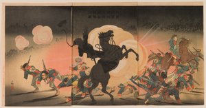 İkinci Ordumuz Jinzhou Kalesine İnerken Düşman Kampını Bombardıman Etmek by Kobayashi Kiyochika