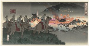 De ağır cüruf bij Asan, de Ansung nehri üzerinden bir anval Gazan gekisen Anjô no watashi shingeki no zu by Kobayashi Kiyochika