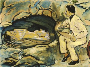 Otoportre, kaya mağarasında deniz kızı ile çizim, 1914. by Koloman Moser