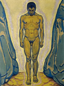 Kayaların arasında çıplak duran erkek, c. 1915. by Koloman Moser