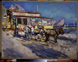 Gurzuf (Kırım) (Gurzuf). Liman köyü, ayı dağının göz ardı ettiği bir koyun çukurunda yuva yapar. Konstantin Alekseyeviç Korovin