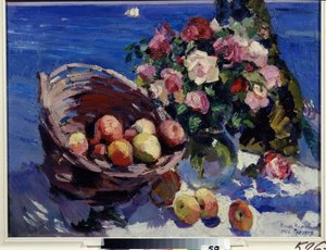 Gurzuf, Ukrayna (Gurzuf). Deniz kenarında çiçek ve meyvelerin natürmortu Konstantin Alexeyevich Korovin