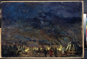 Polovtsian Kampı, Alexander Borodin tarafından Opera Prensi Igor için Sahne Tasarımı - (Polovtsian Kampı - Alexander Borodin tarafından Opera Prensi Igor için Sahne Tasarımı) - Yıldızlı bir gökyüzü altında, kampın çadırları ışık ışıklarını çerçevelemektedi by Konstantin Alekseevich Korovin