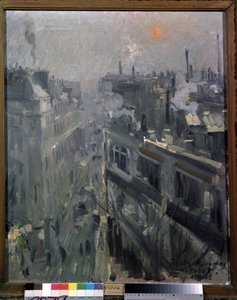 Paris (Fransa) (Paris). Bir sonbahar sabahı Montmartre bulvarının cephelerinin görünümü. Konstantin Alekseyeviç Korovin