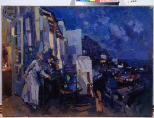 Verandada akşam. Bir kadın, terasının önünde geceye uzanan şehrin panoramasından yararlanıyor. Konstantin Alekseyeviç Korovin