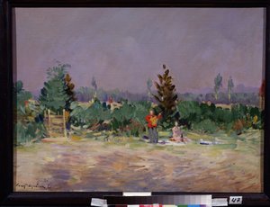Moskova yakınlarında sıcak bir gün (Moskova Yakınında Sıcak Bir Gün). Kırsal kesimde piknik yapan bir çift, ayakta duran adam gitar çalıyor. Konstantin Alekseyeviç Korovin