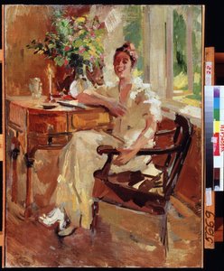 Koltuktaki Kadın (Koltuktaki Kadın). Bir buket çiçekle masasına yaslanmış neşeli bir genç kadının portresi. Konstantin Alekseyeviç Korovin