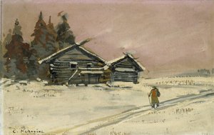 İki ahşap Kulübe ile Kış Manzarası (gövde rengi ve gemide yağ, çizim olarak monte edilmiş) by Konstantin Alekseevich Korovin