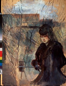 Printemps (Bahar) (Siyah giyinmiş, hüzünlü görünen ve aşağı bakan, ince bir bariyere yaslanmış bir kadın) - Konstantin (Constantin) Andreyevich Somov (1869-1939), karton üzerine suluboya ve guaj by Konstantin Andreevic Somov
