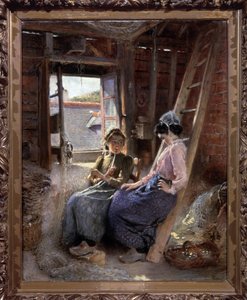 İki Breton (İki Breton). Balıkçı eşleri, geleneksel kıyafetleriyle, balık ağlarının ve sepetlerin saklandığı bir çatı katında dinlenip sohbet ediyor, pencere ardına kadar açık ve güneş ışığı alıyor. Konstantin Y tarafından boyama by Konstantin Egorovich Makovsky