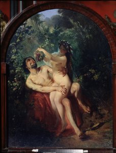 Satyr ve perisi. (Satir ve Peri). Çıplak ve sarhoş bir çift, satirin dizlerindeki peri, onu çevreleyen asmalardan topladığı bir salkım üzümle besler. Konstantin Yegorovich Makovsky (Constantin Makovsky) (1839-1915), yağlı boya