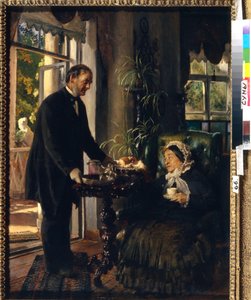 Bir konak şatosu. (Yaşlı bir kadın, kendisine ekmek ve reçel sunan bir hizmetçi tarafından sunulan çayı alır). Konstantin Yegorovich Makovsky