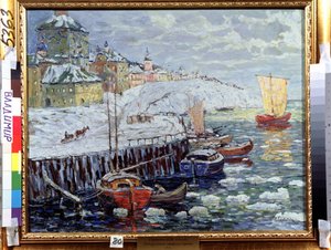 Eski bir Rus kasabasında set. Kar bloklarıyla kaplı bir nehirde teknelerin demirlediği rıhtımların tanımı, arka planda bir kasaba ve yola çıkan bir yelkenli tekne. Konstantin tarafından boyama (Co by Konstantin Ivanovich Gorbatov