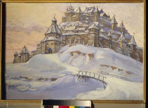 Eski Rus kalesi. (Orta Çağ'da Ukrayna'da kar altında ahşap müstahkem şehir). Konstantin (Constantin) Ivanovich Gorbatov'un (1876-1945) eseri, ahşap üzerine tempera, 20. yüzyılın başları. Özel koleksiyon.