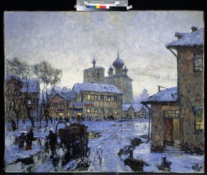"Çözülme"" Kış sonunda Rus köy manzarası. Konstantin (Constantin) Gorbatov'un (1876-1945) tablosu 1910 M. Kroshitsky Sanat Müzesi, Sivastopol