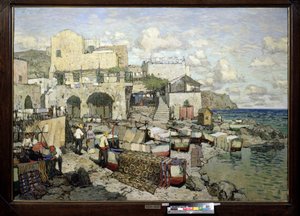 Capri adasının görünümü (İtalya). (Capri adasının görünümü). Konstantin (Constantin) Ivanovich Gorbatov'un (1876-1945) tablosu, tuval üzerine yağlı boya. 20. yüzyıl Rus sanatı, gerçekçilik. Bölgesel W. Wereshchagin Sanat Müzesi, Mykolaiv (veya Nikolaie by Konstantin Ivanovich Gorbatov