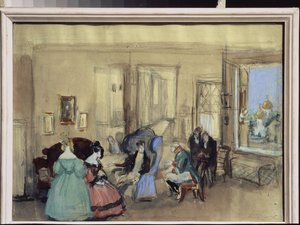 Nicolas Gogol'ün (1809-1852) "The Revizor" adlı tiyatro oyunundan bir sahne (N. Gogol'ün The Reviser adlı tiyatro oyunundan bir sahne) - Konstantin Ivanovich Rudakov'un (Constantin Roudakov) (1891-1949) eseri , kağıt üzerine suluboya  by Konstantin Ivanovich Rudakov
