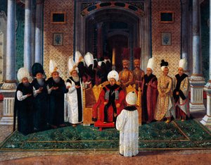 III. Selim (1761-1808), Topkapı Saadet Kapısı#39;nın kubbesi altında ileri gelenleri kabul ederken, Sultan III. Süleyman#39;ın tahta çıkış töreninden detay, 1789 civarı (tuval üzerine yağlıboya) by Konstantin Kapidagli