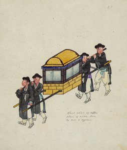 Bir "gama" veya tahtırevan içinde bir görevli taşıyan dört hamal, c.1890 by Korean School
