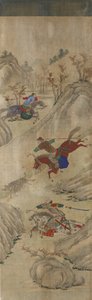 Av Sahnesi (3 binici ve yaban domuzu) (kağıt üzerinde wc) by Korean School
