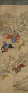Av Sahnesi (3 binici geyik ve kaplan avlıyor) (kağıt üzerinde wc) by Korean School