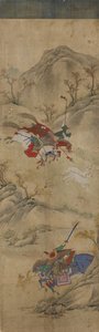 Avlanma Sahnesi (tavşanlı ve efsanevi hayvanlarla 3 binici) (kağıt üzerinde wc) by Korean School