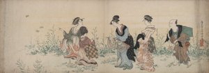 Dört kız ve bir hizmetçi kır çiçekleri ve kelebeklerin tadını çıkarıyor by Kubo Shunman
