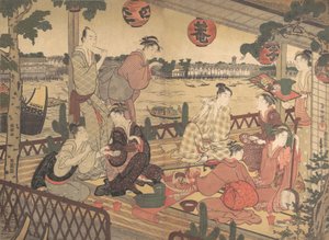 Sumida Nehri kıyısındaki bir Çayevinde Yemek Yiyen İki Genç Erkek ve Birkaç Kadın, ca. 1788. by Kubo Shunman