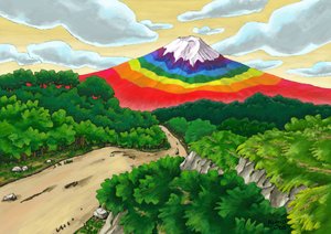 Tek bir yol ve gökkuşağı rengindeki Fuji Dağı, 2023 (dijital boyama)