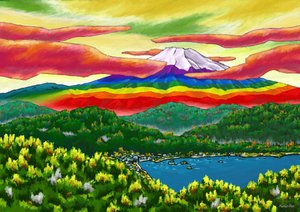 Şehrin ötesinde gökkuşağı rengindeki Fuji Dağı, 2023 (dijital boyama)