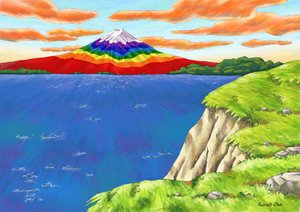Gökkuşağı renginde Fuji Dağı uçurumun üzerinde, 2023 (dijital boyama)