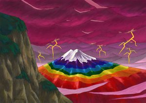 Gök gürültüsü ve gökkuşağı rengindeki Fuji Dağı, 2023 (dijital boyama)