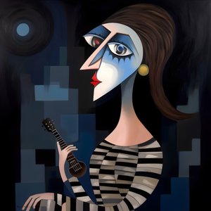 3D kadın ozan gece ay ışığında gitarıyla 1