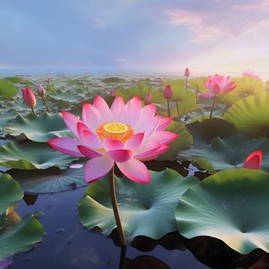 Berrak su yüzeyinde büyük ve güzel lotus çiçekleri açar, yeşil lotus yaprakları ve lotus çiçeklerinin üzerinde çiy bulunur. Gün batımı su yüzeyinde parlıyor 1